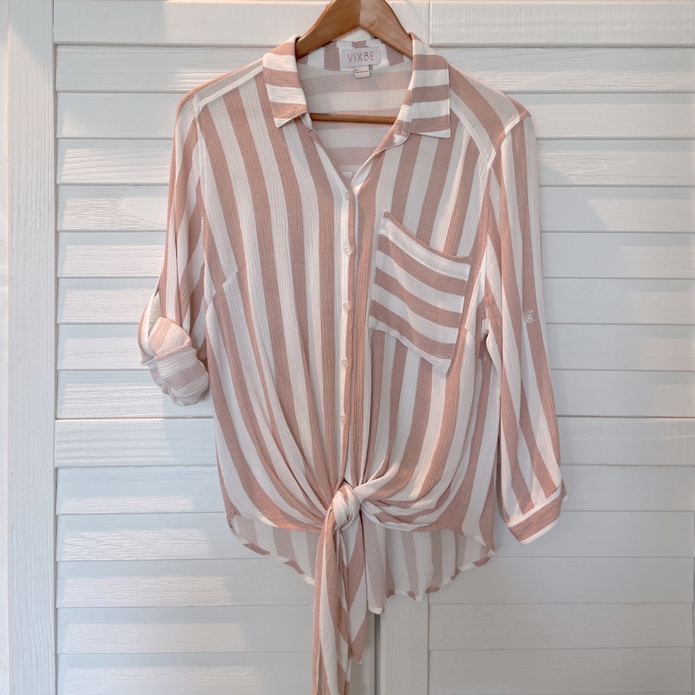 VIXBE Tie Front Button Down Blouse